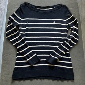 NAUTICA 100% Cotton Navy and White Striped Boat Neck Long Sleeve Top